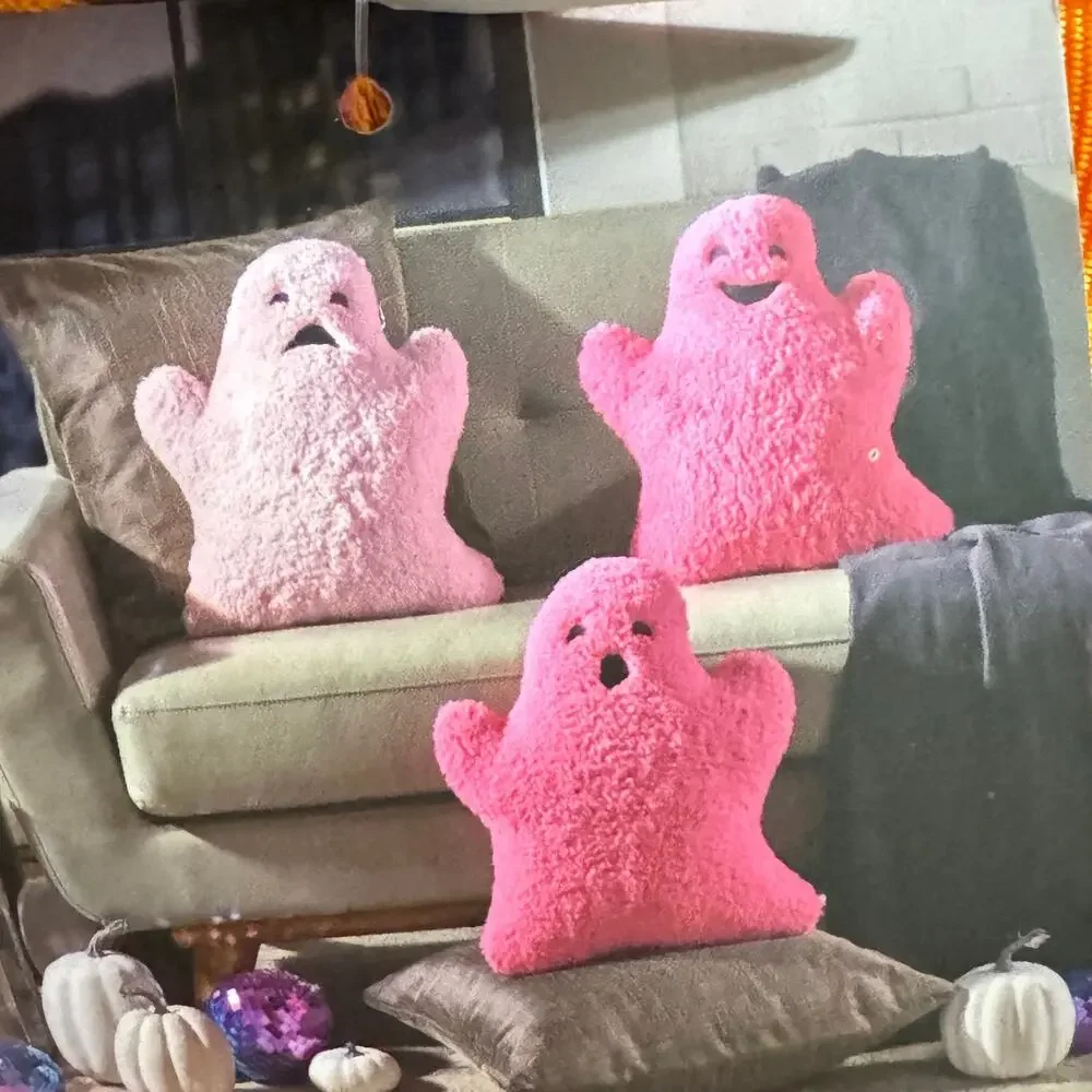 Set of 3 Novogratz Plush Pink Ghost Accent Pillows Halloween Dark & Light NEW